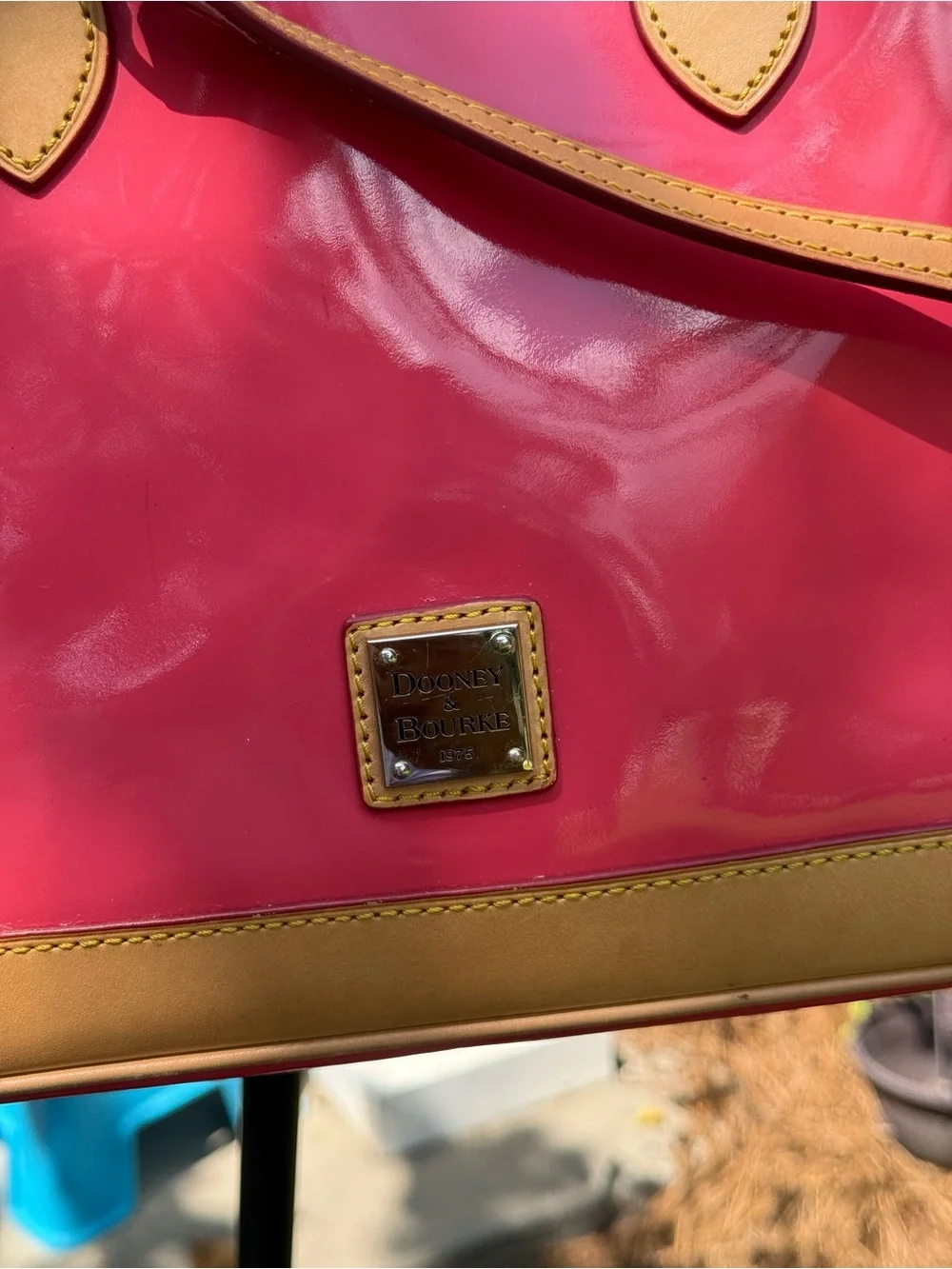 Dooney & Bourke coral Patent Satchel with Tan Trim